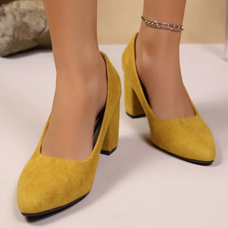 

High Heels Women Suede Shoes 2025 Elegant Chunky Shallow Shoes Designer Winter Fashion New Dress Pumps Party Zapatillas De Mujer