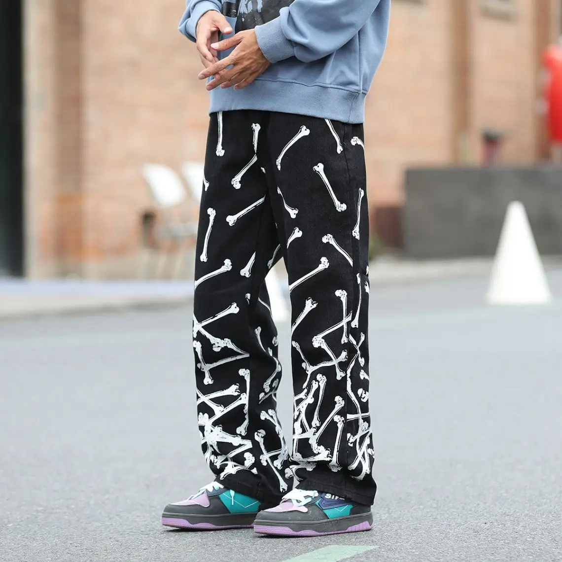 

Мужские рабочие джинсы с принтом «Sle Bone», в стиле панк, прямого кроя, для весны и осени, модные повседневные, из смесового хлопка и полиэстера