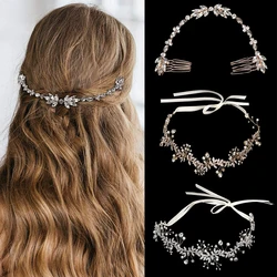 Bride Crystal Headband Wedding Hair Accessories Pearl Leaf Hair Jewelry Bridal Hair Vine Rhinestone Hair Ornaments Women Tiara