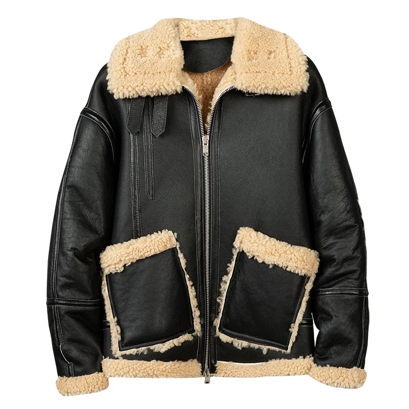 Black Winter Men's Shearling Jacket Casual Style Plus Size 3XL Natural Thick Sheepskin Warm Genuine Leather Coats