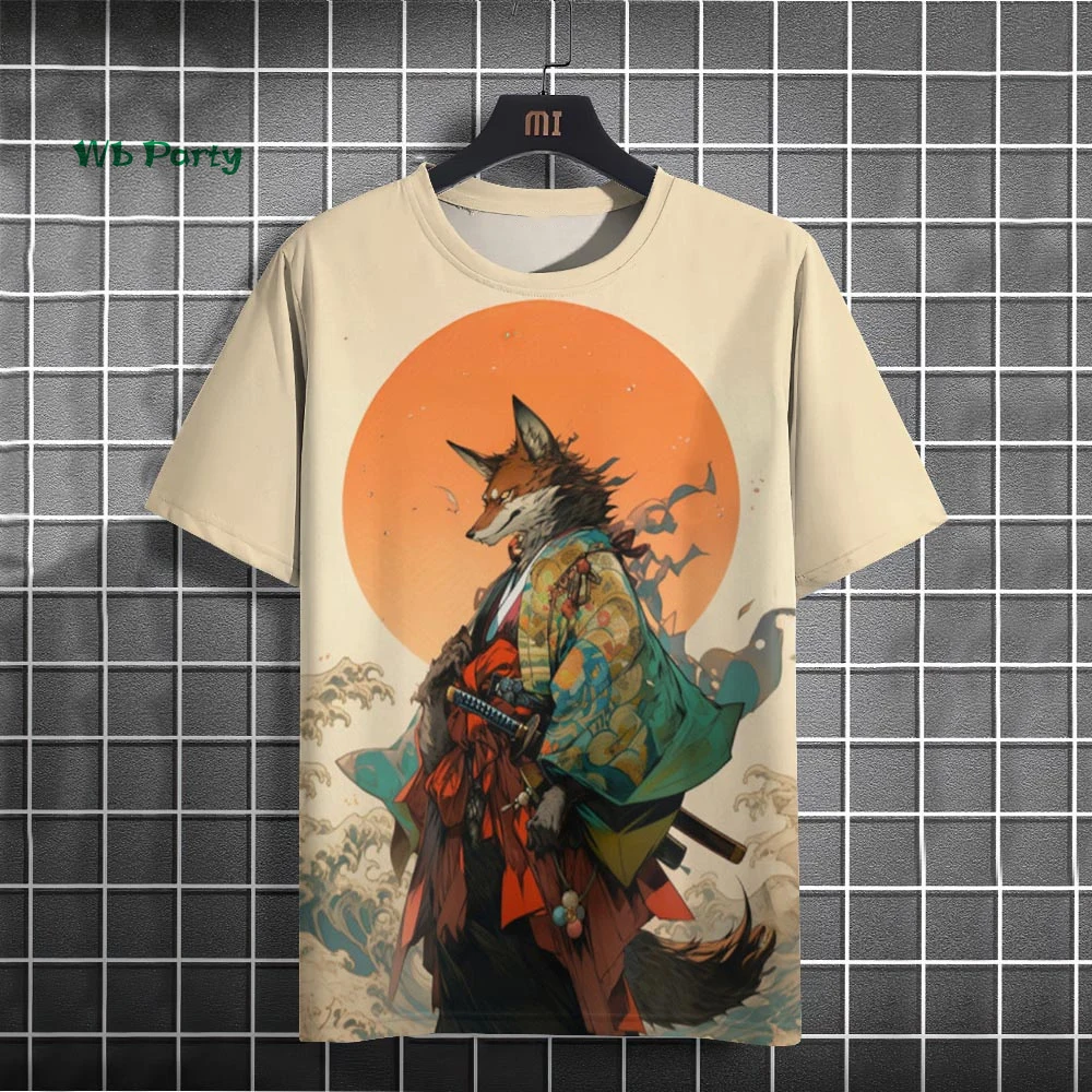 Retro Men's T-Shirt 3D Animal Cat Samurai Printed Short Sleeve T-Shirt Oversized Harajuku Top Summer Men's Street Casual Clothes