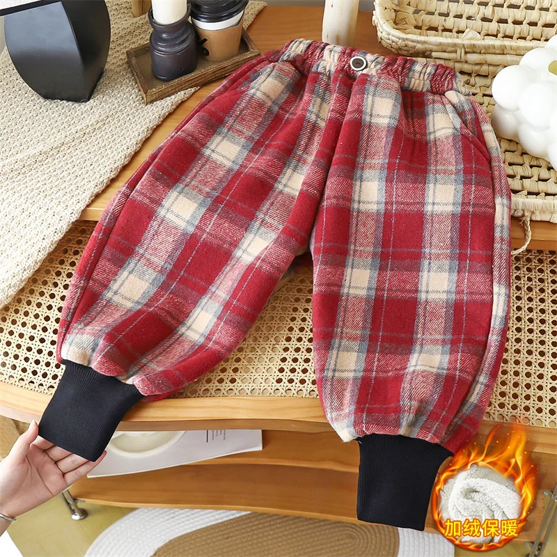 Thick Boys Girls Pants Winter Children Plush Velvet Sports Trousers Kids Plaid Fleece Warm Sweatpants Toddler Padded Clothing