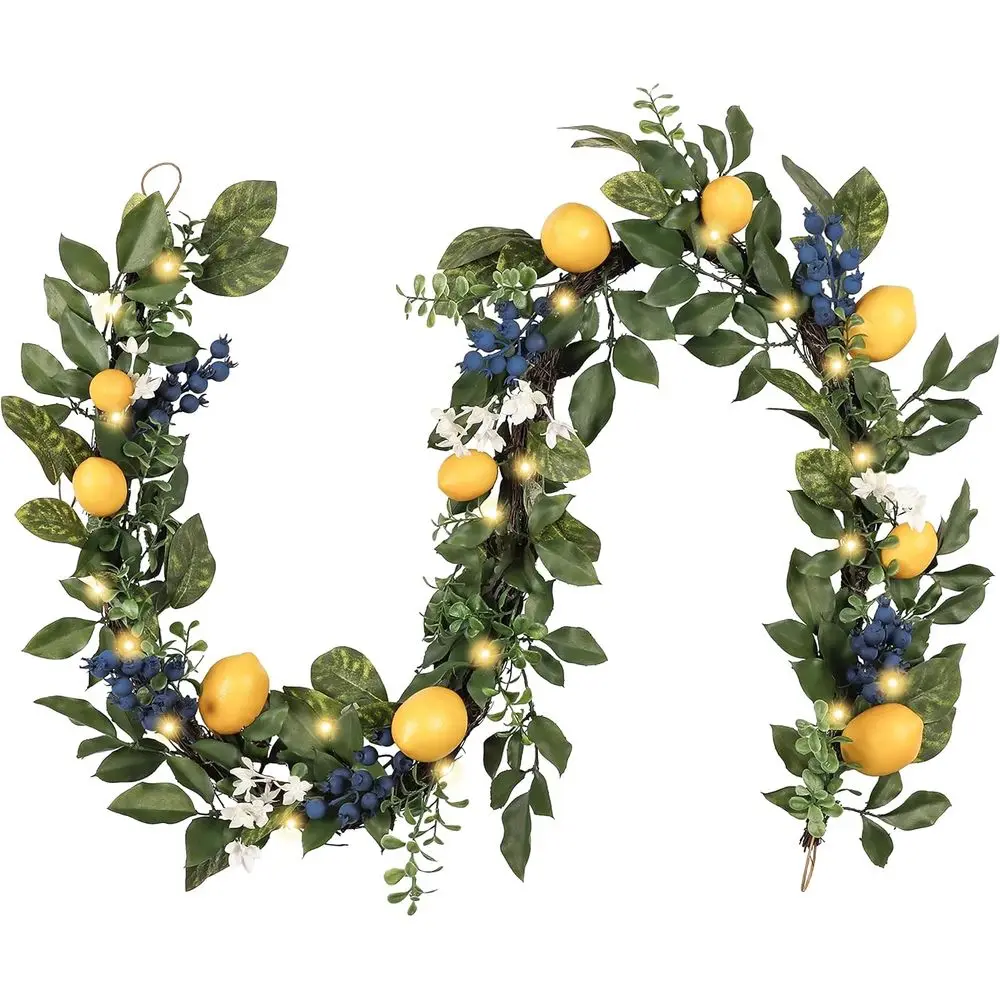 

6-Foot Pre-Lit Lemon Garland with Greenery, Thick Spring Summer Decor, Artificial Fruit Vine for Fireplace Table, Rustic Kitchen
