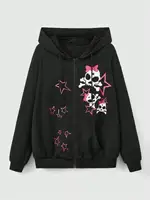 Sudadera con capucha con estampado de calaveras y estrellas rosas para mujer, ropa holgada de lana cálida y cómoda, ropa deportiva informal de calle para mujer