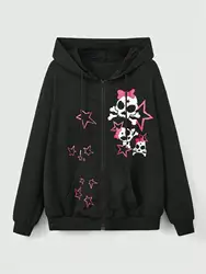 Sweet Pink Stars & Skulls Printed Zipper Hoodie Women Comfortable Warm Fleece Loose Clothing Casual Street Female Sportswears