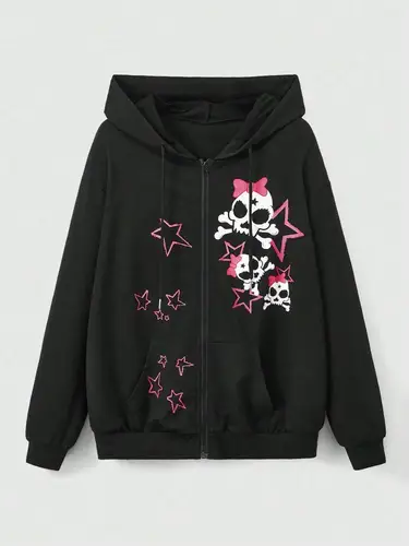 Sudadera con capucha con estampado de calaveras y estrellas rosas para mujer, ropa holgada de lana cálida y cómoda, ropa deportiva informal de calle para mujer