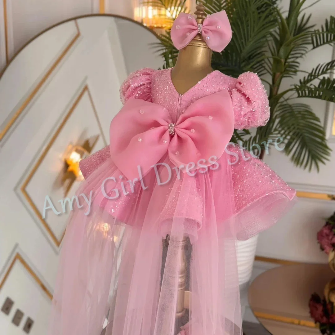 

Lovely Little Princess Flower Girl Dress For Wedding Sequins Beading Knee Length With Bow Toddler Birthday Party Gown Customized