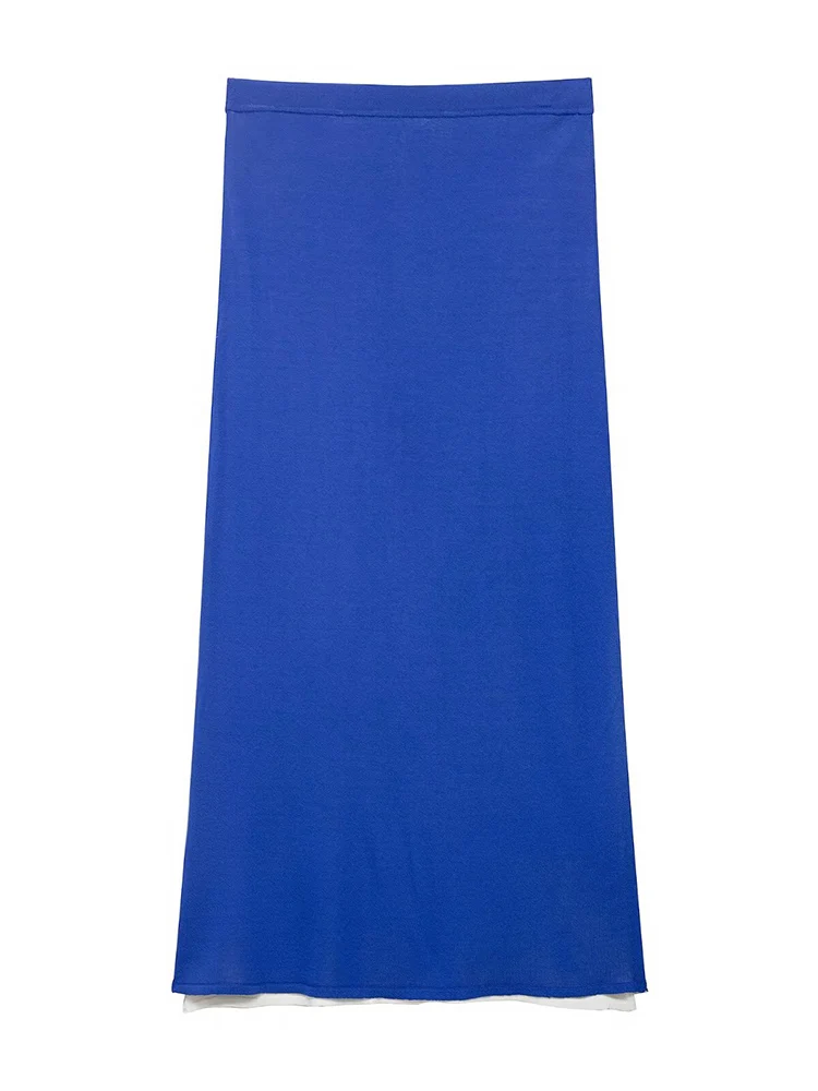 

KUCLUT Women Fashion Blue Straight Knitted Midi Skirt Vintage High Elastic Waist Female Chic Lady Skirts