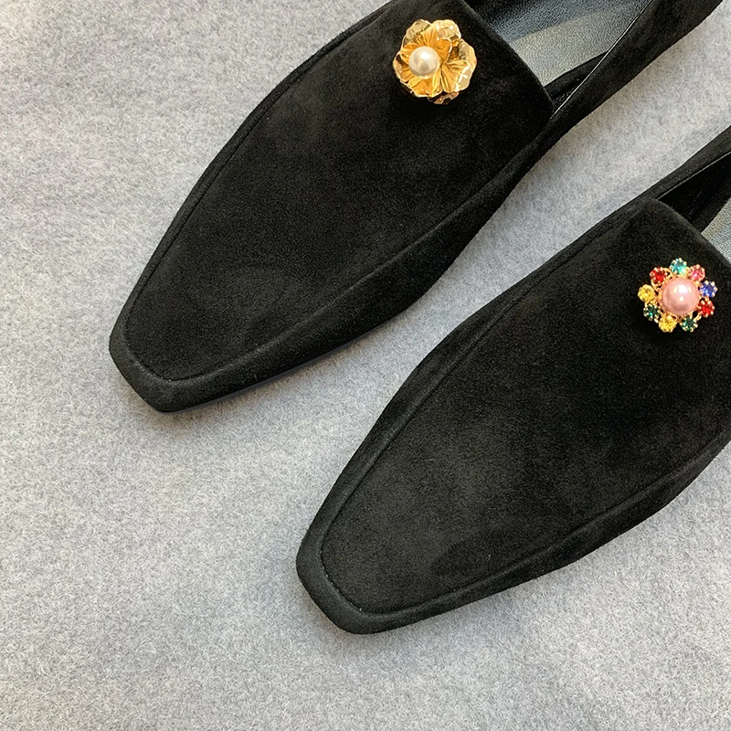 Sheep Suede Crystal Diamond Mandarin Duck Flower Loafers Square Toe Solid Color Simple Casual Comfortable Flat Shoes