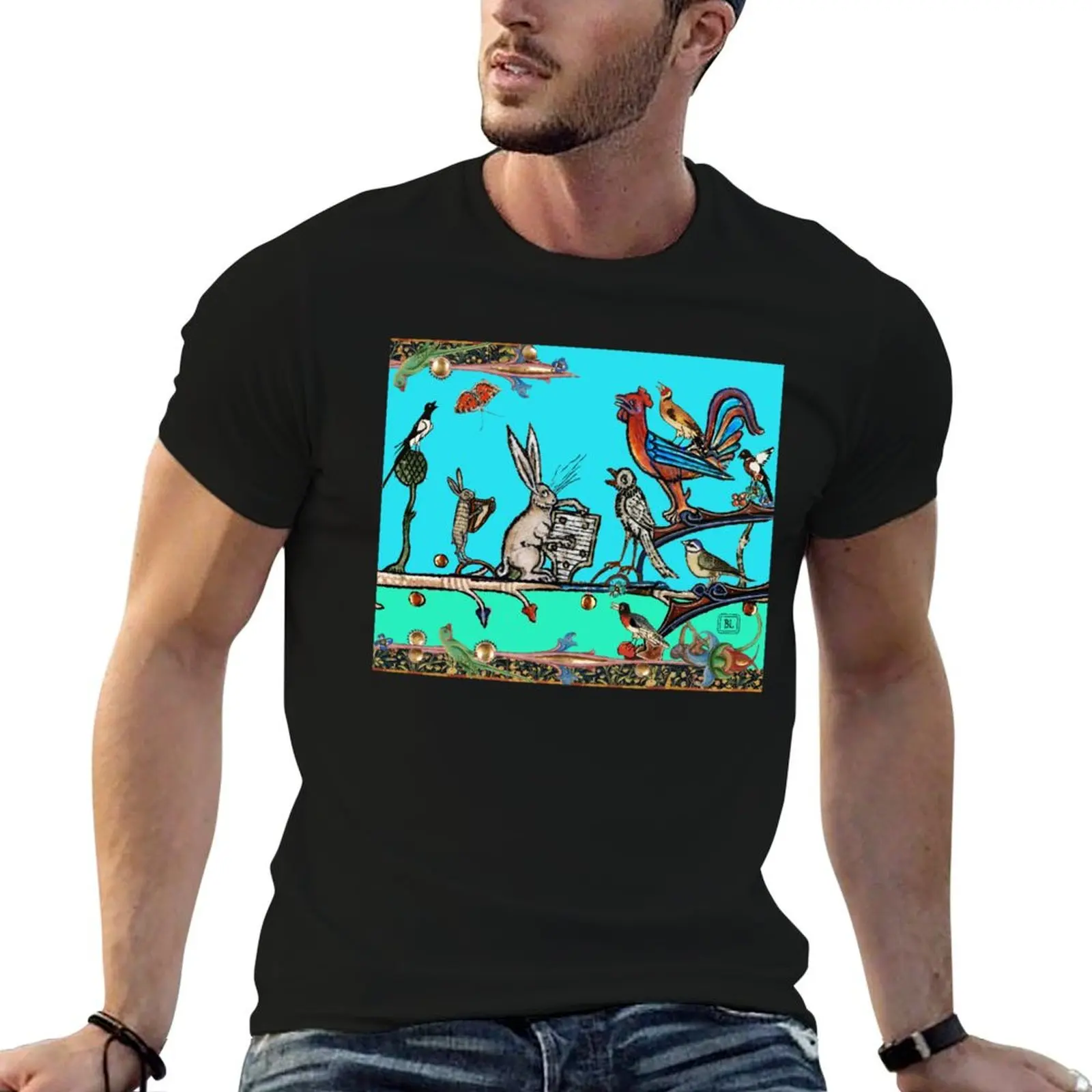 WEIRD MEDIEVAL BESTIARY MORNING MUSIC CONCERT OF RABBITS AND BIRDS IN TEAL BLUE by Bulgan Lumini T-Shirt oversizeds shirts men