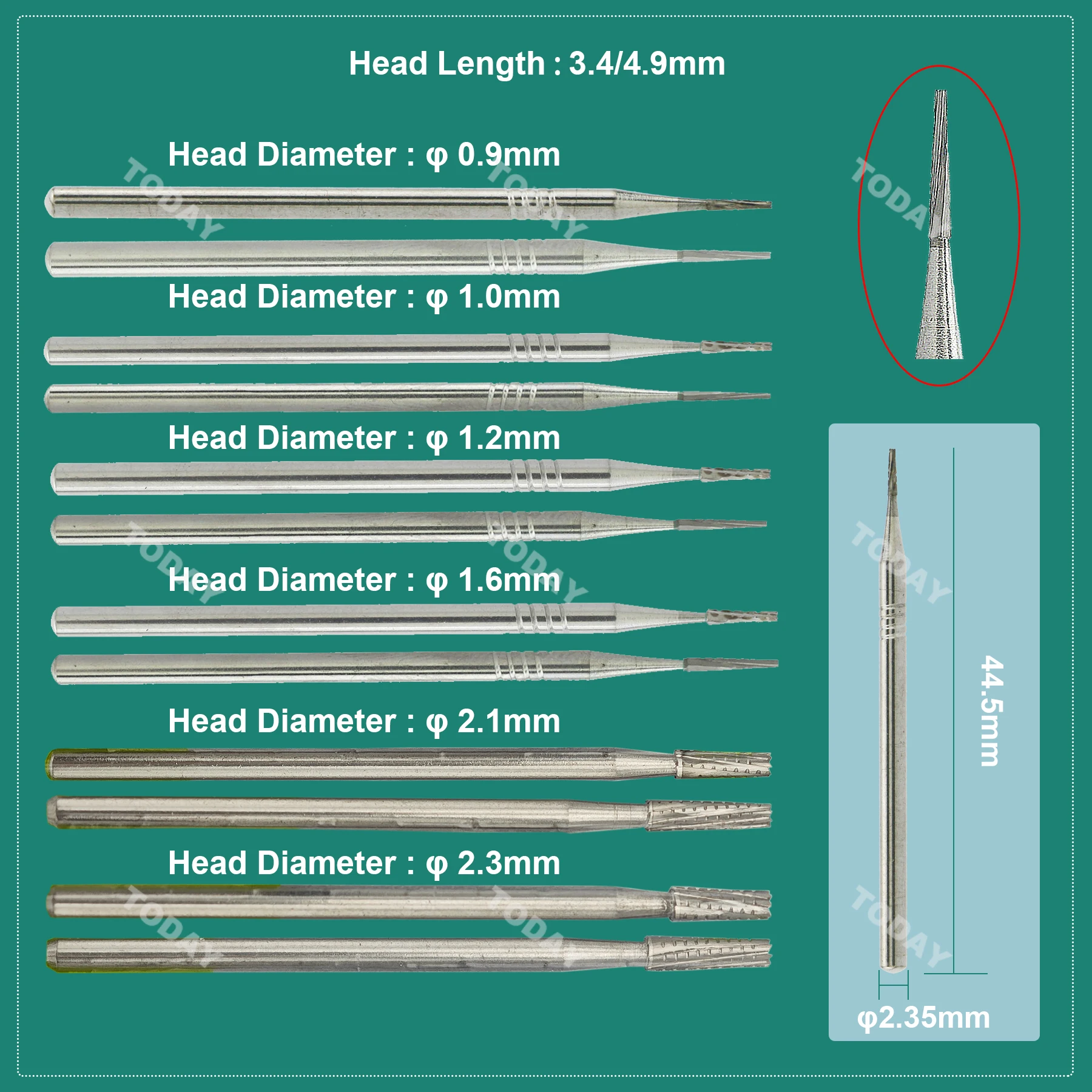 Fraises en Carbure de Tungstène Ondulé, Tête Ronde HP, Diamètre 2.35mm pour Cône Antarctique Droit, 5 Pièces/Paquet