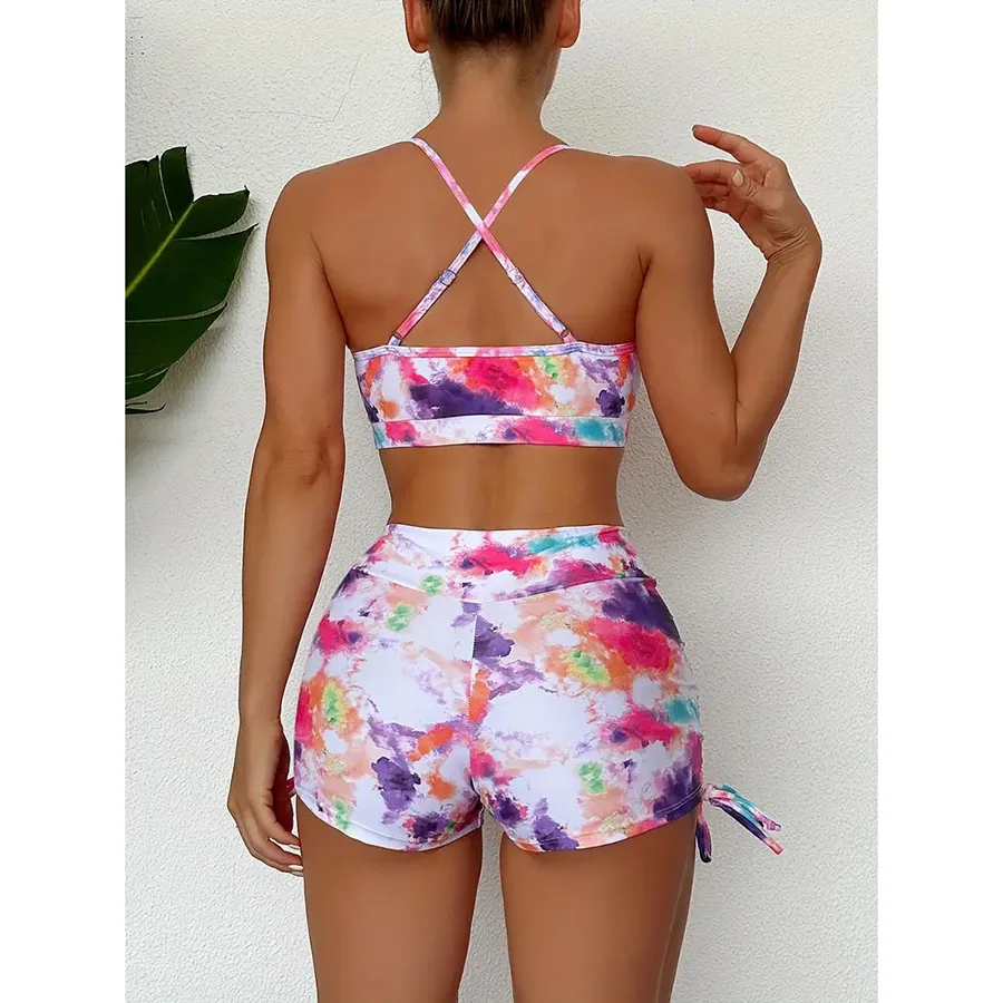 2025 Zomer Nieuwe Mode Kleur Tie Verven Gedrukt Vrouwen Grote Maat Badpak Set Hoge Taille Platte Hoek Broek Split Bikini