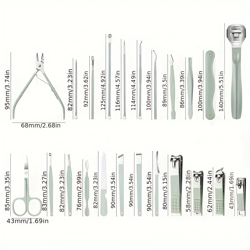 7/10/12/16/22pcs Professional Stainless Steel Nail Clipper Set Green Nail Tools Manicure Pedicure Set of Travel Grooming Kit