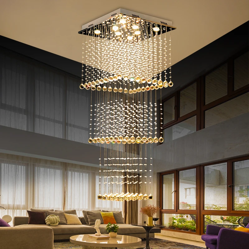 Duplex Livingroom Large Chandelier Square Hotel Villa Self-Built Room Modern Creative Crystal Hollow Staircase Long Line Hanging