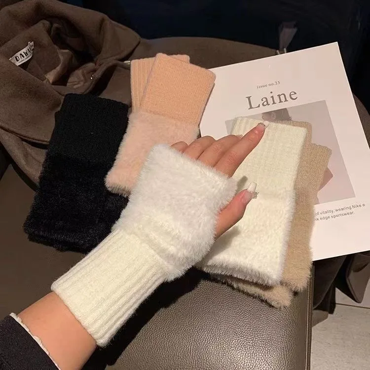 Guantes de medio Dedo de lana de visón para mujer, mitones de felpa de Color sólido, suaves y cálidos, de punto, sin dedos, esquí, Invierno