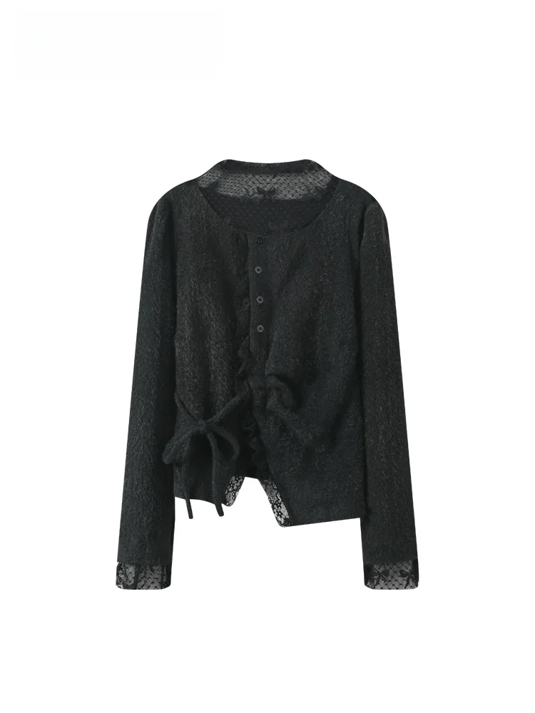 

CaraCLUB Large Size Long Sve Knitted Top Women Spring Loose Splicing Faion Loose Fake Two-Piece Upper Body Soft Sle