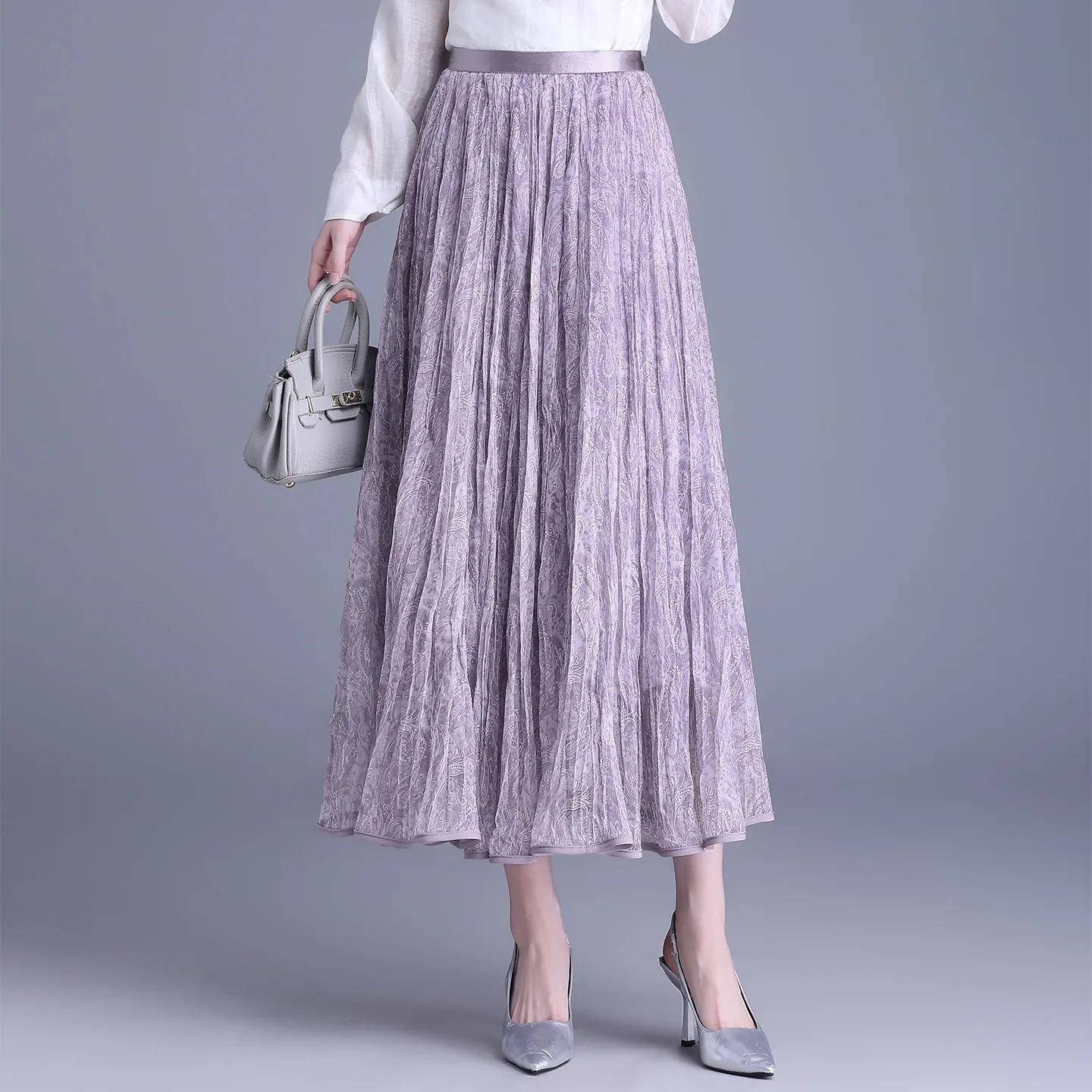 

Purple Floral Print Pleated Skirt High Waist Spring 2026 New Sle Slimming Vintage f-length Long Skirt Ci Commute Casua...