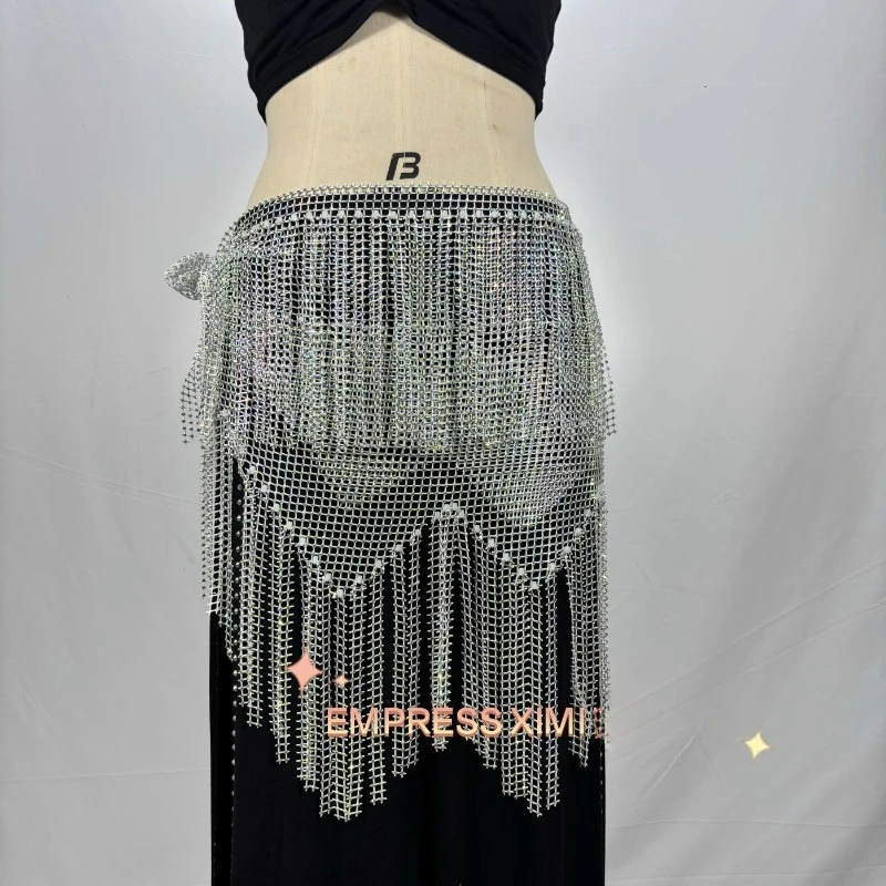 Aangepaste nieuwe buikdanskostuums mesh diamant taille ketting taille sjaal volledige diamant kwastje heupsjaal cloud exotische danskleding