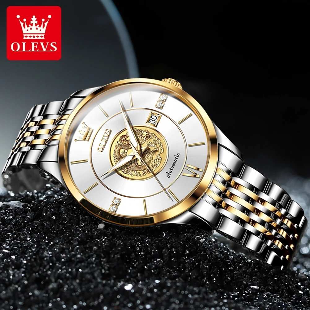 OLEVS 6693 Men's Watches 3D Gold Dragon Luxury Automatic Mechanical Watch for Men 42.5mm Big Dial Dress Men's Wristwatches