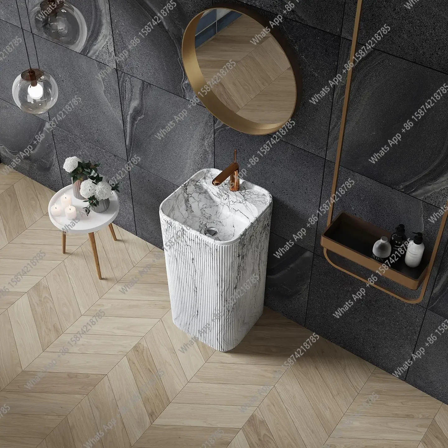 

X Calacatta White Marble Pedestal Sink, Italian Luxury Freestanding Basin For Villa, Stain Resistant & Eco-Friendly, Customizabl