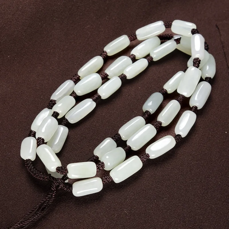 Necklace Men's and Women's White Hetian Jade Chain Barrel Beads Rope Pendant Hanging Chai