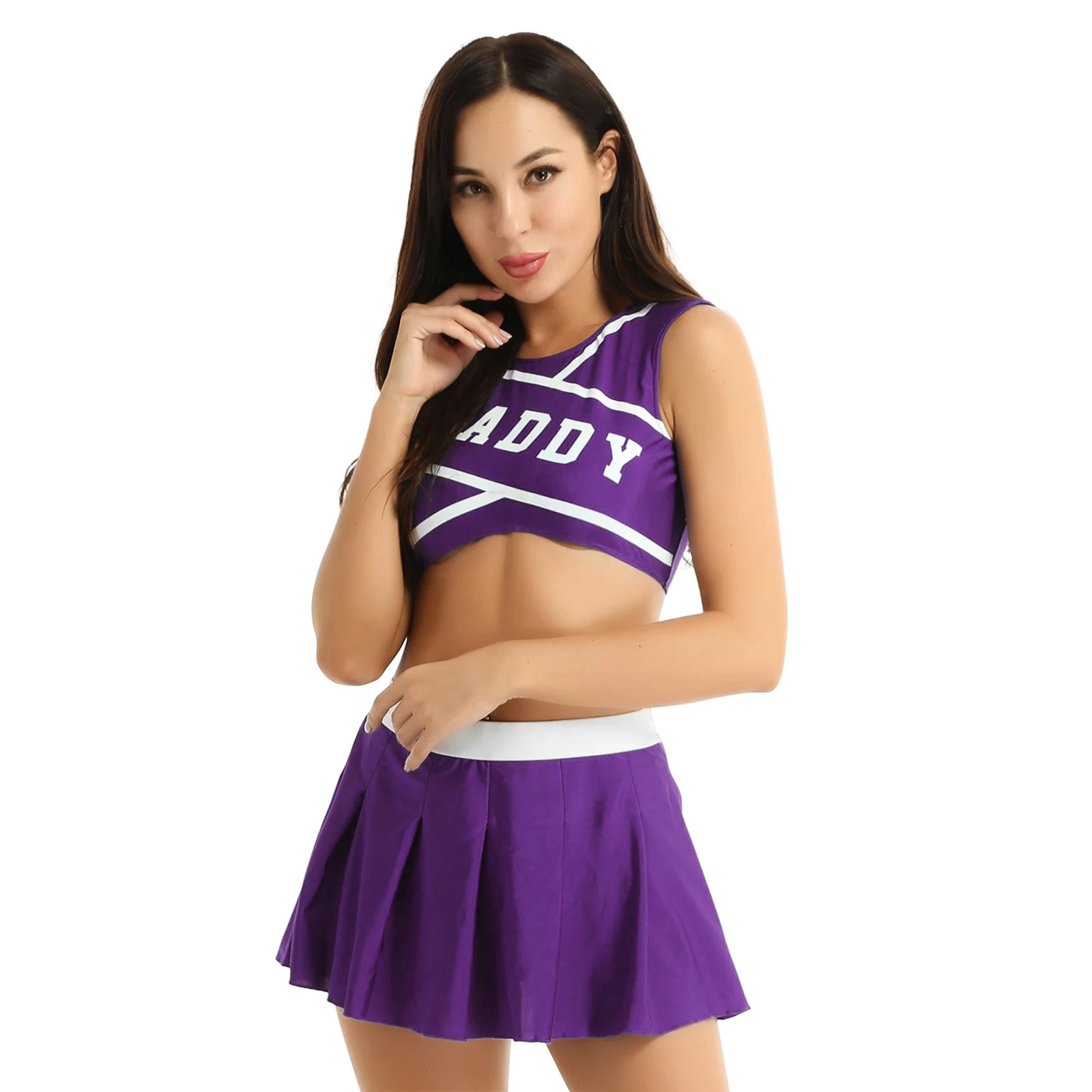 Women Charming Cheerleader Cosplay Costume School Girls Sexy Cosplay Round Neck Sleeveless Crop Top with Mini Pleated Skirt