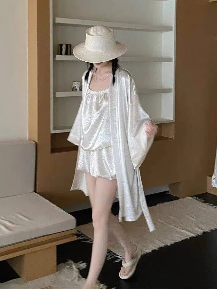 Unique Elegant Satin White Sleepwear Robe Set Simple Design Summer Collection Comfortable Long Sleeve Nightgown with Shorts