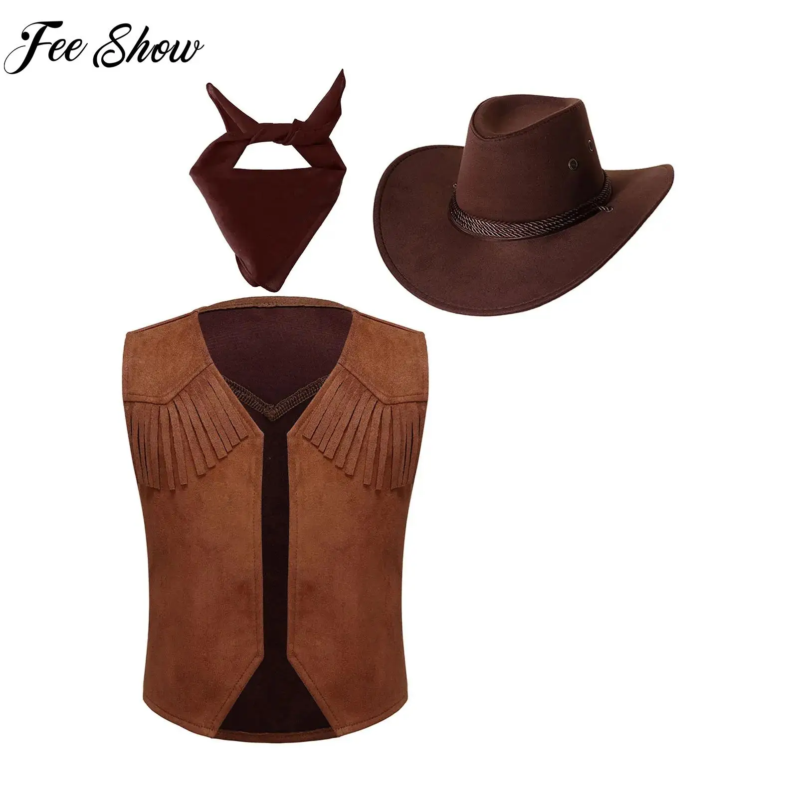 

Boys Halloween Western Cowboy Cosplay Costume Outfit Cowboy Cowgirl Role Play Dress Up Performance Themed Party Clothes Set