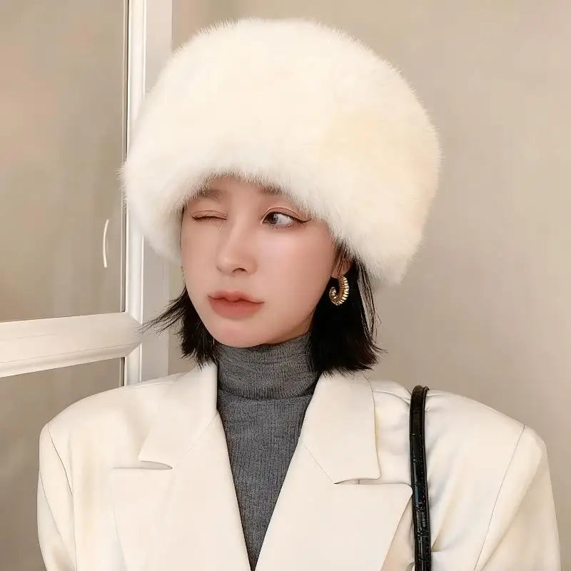 

Winter Snow Ski Cap Female Faux Fox Fur Thick Warm Winter Hat Windproof Russian Hats Warm Imitation Fur Bucket Hat Mongolia Caps