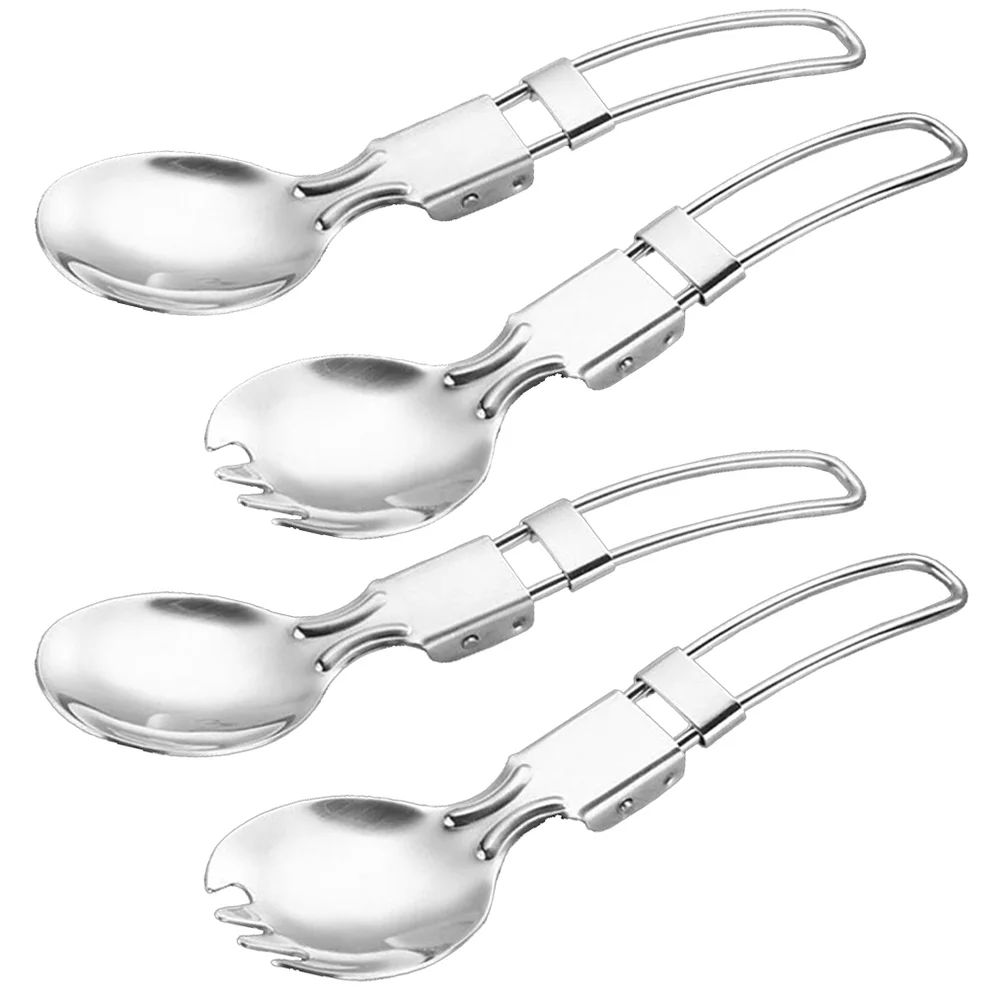 

4 Pcs Stainless Steel Folding Spoon Flatware Spork Fork and Foldable Tableware 304 Cutlery Outdoor Picnic Titanium