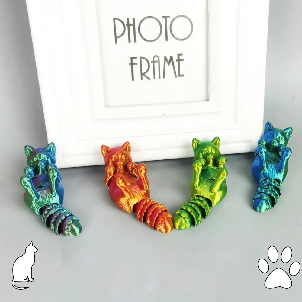 3D Printing Lying Posture Cute Cat Toy Funny Simulation Cat Animal Joints Movable Figure Model Desktop Ornament Kids Toy Gift