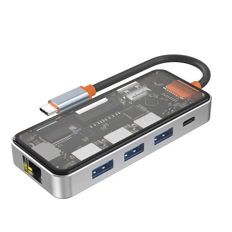 A13E-RJ45 Gigabit Ethernet& 4K -Compatible 2.0 Output USB Hub Clear Design, 100W PD Charging, Dual Micro/SD Card Reader