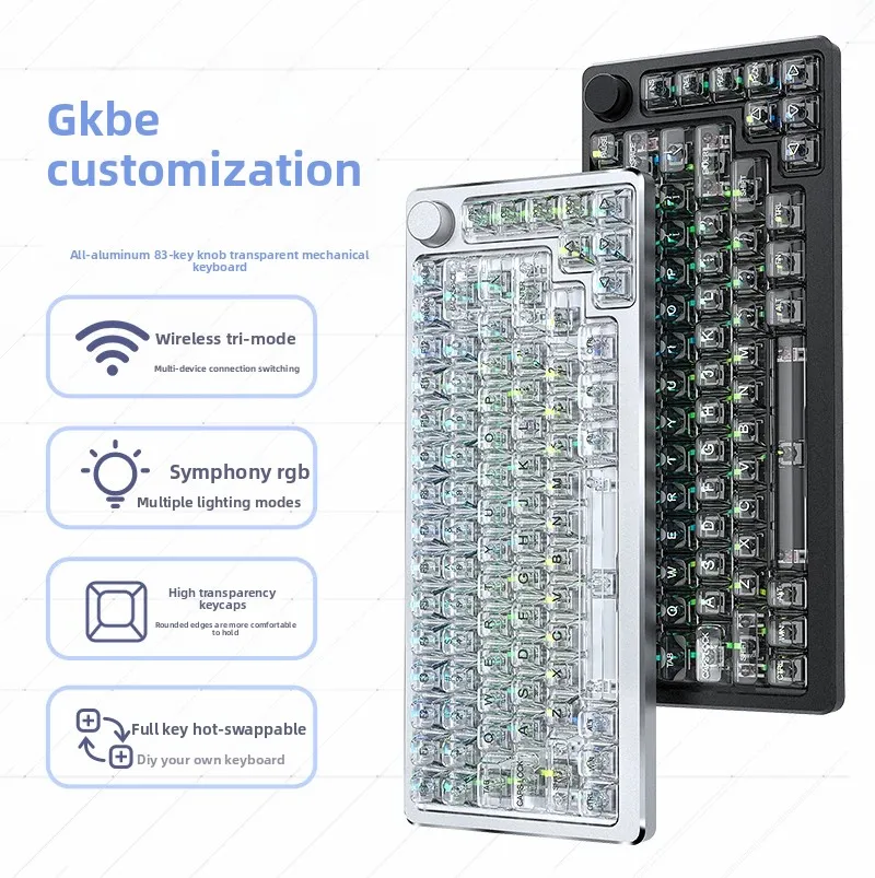 83Key Tri-Mode Transparent Mechanical Keyboard,Hot-Swap Gateron,28 RGB Modes,Full Aluminum Case,4000mAh Battery, Sound Dampening