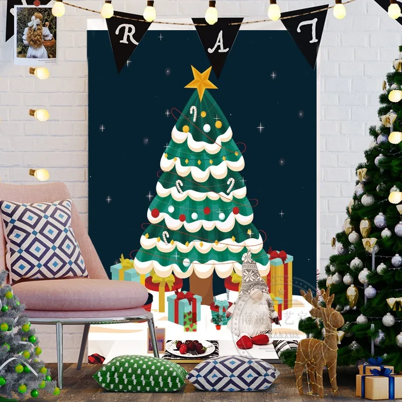 VIKAMA Cream Christmas Tree Bunting Tapestry, HD Print Wall Hanging for Bedroom Living Room Holiday Wall Decor