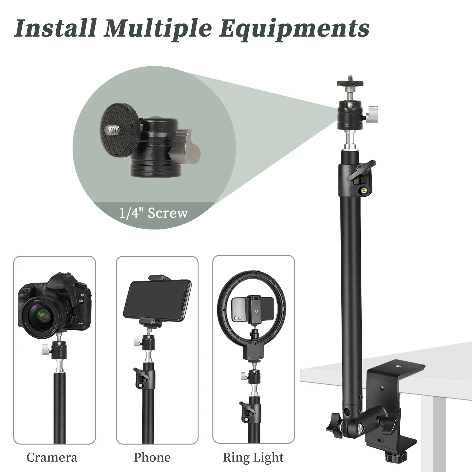 SH Adjustable Sofa Light Stand With 1/4 Screw Tray Ball Head For Ring Light,Video,Projector,Camera,Photo Studio Kit