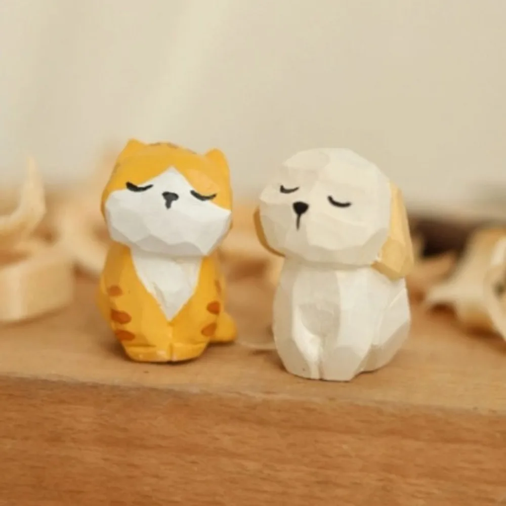 

Home Decoration Wooden Carving Cat Ornament Sheep Crafts Animals Ornament Dog Doll Small Rabbit Model Desk Decor