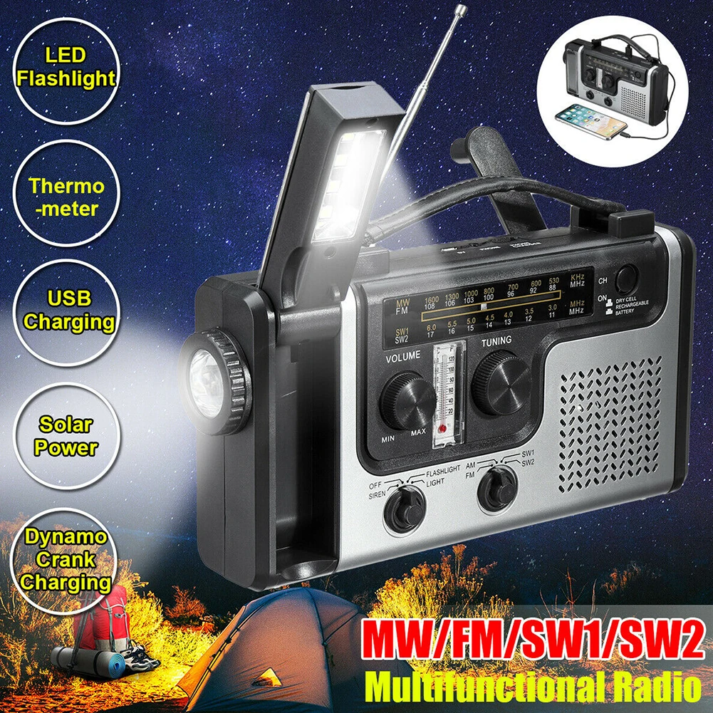 

Portable Multifunctional Radio Hand Crank Solar Crank Dynamo Powered AM/FM/SW1 Weather Radio with Flashlight LED Reading Light