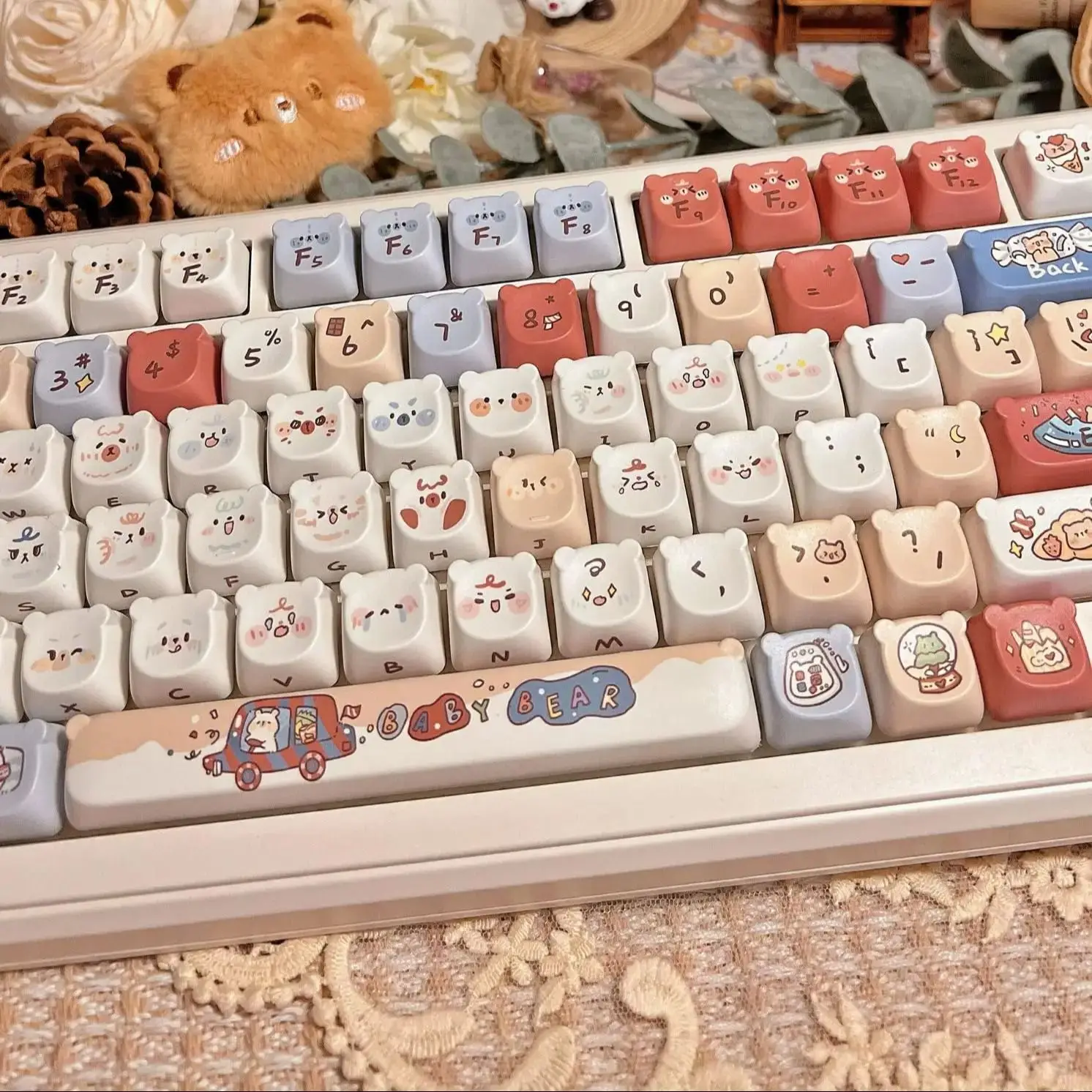 WOMIER 138 Keys Cute Bear Keycaps Dye Sub PBT Key Caps Set for Gateron MX Gamer Mechanical Keyboard