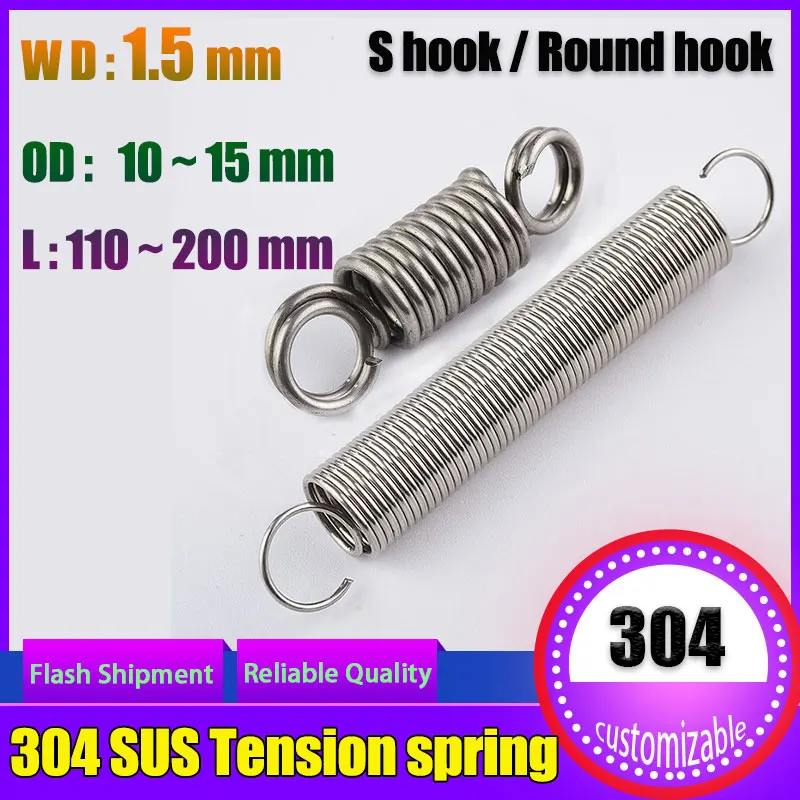 

304 Stainless Steel Tension spring 1.5mm Wire diameter S Hook Round hook Coil Pullback Extension Tension metal Spring wire