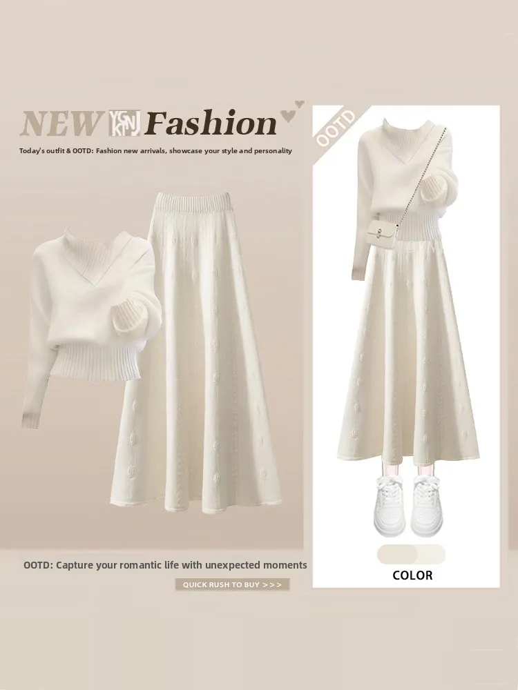 

Korean Style Knitted Sweater High Waist Skirt Two Piece Set plus Size Women Elegant Fashion Street Wear Age Reduction