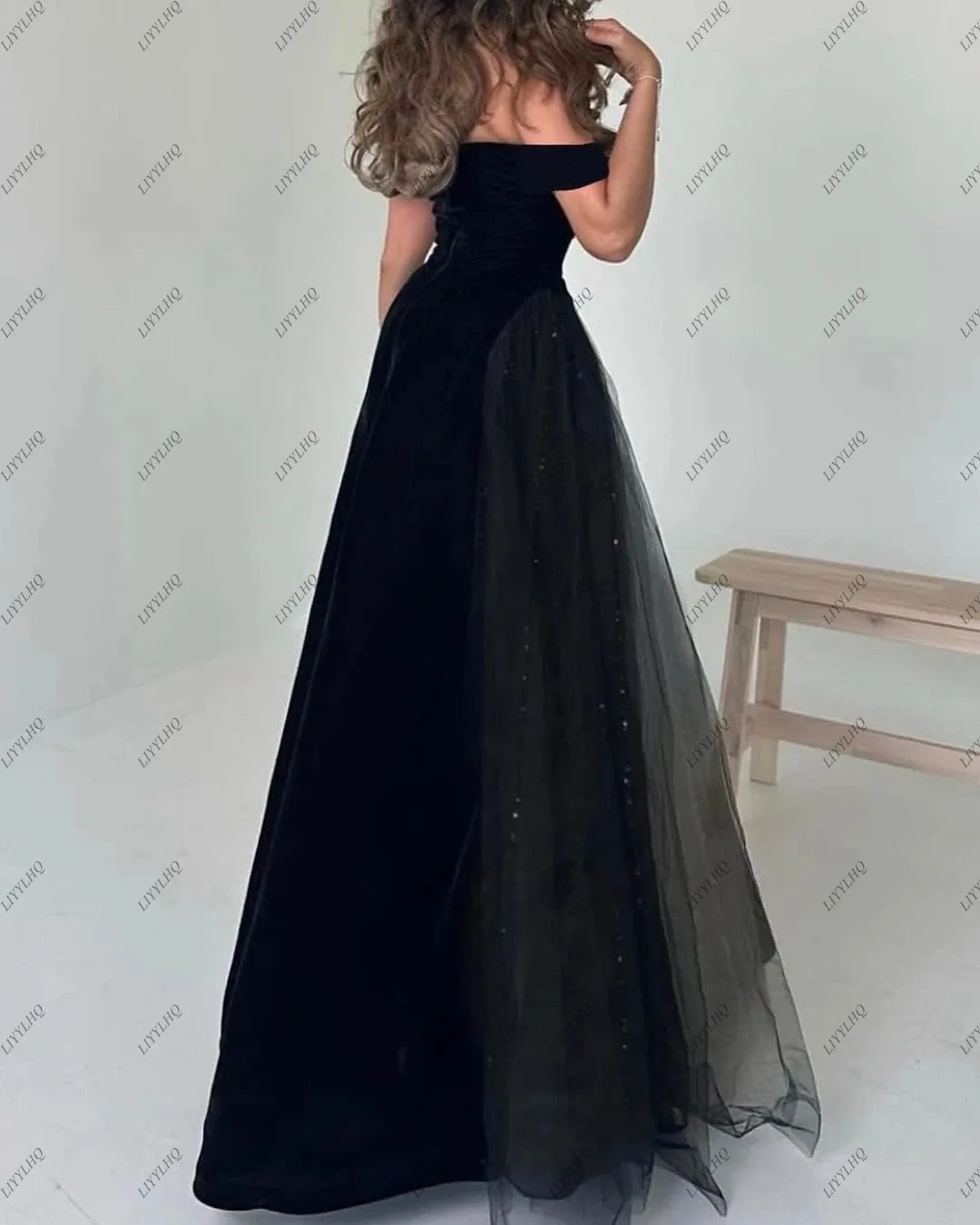 ﻿LIYYLHQ Black A Line Evening Dress Saudi Arabric Prom Gowns With Glitter Tulle Draped Prom Dress 2024  Elastic Satin فساتين سهر