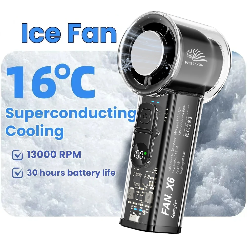 مروحة ثلج 4500 مللي أمبير في الساعة عالية السرعة تبريد محمولة USB قابلة للشحن شاشة ديجيتال LED مروحة صغيرة مروحة ضغط الجليد قوة البنك