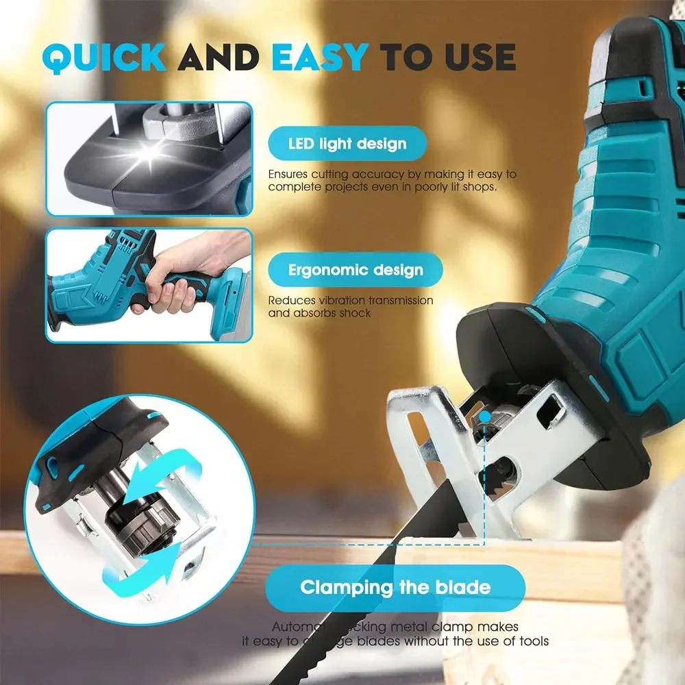 18V battery reciprocating saw mini electric saw for wood/metal/PVC cutting with 4 blades for hand saw woodworking (No battery)