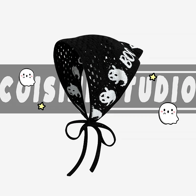

Korean Knitted Hollow Triangular Towel Spring and Summer Retro Casual Ghost Bat Crocheted Strap Headscarf Headband for Women