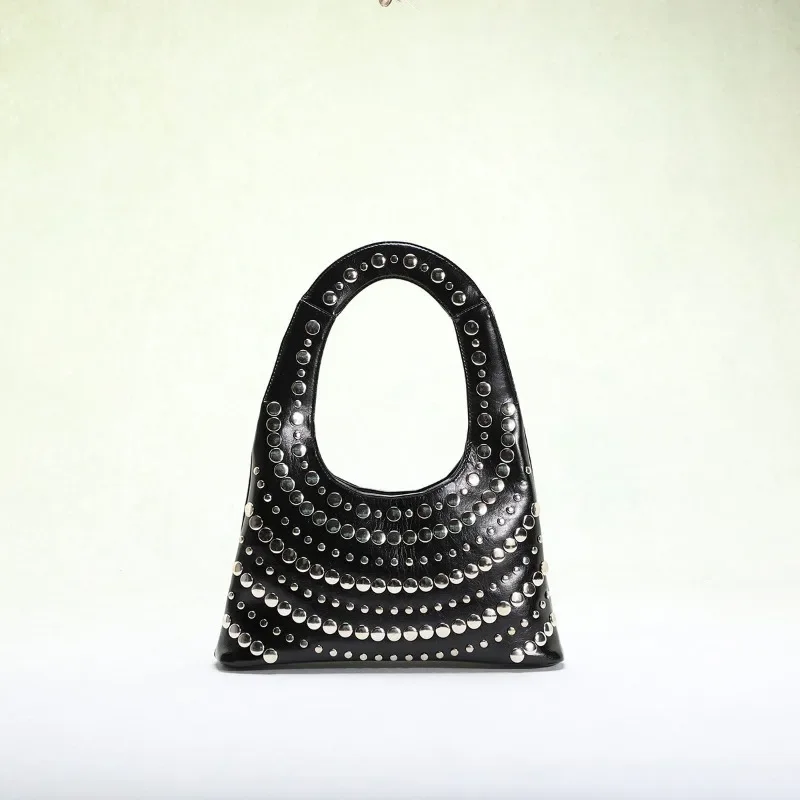 

Punk Style Rivet Hobo Bags Women Trendy High Street U-shaped Underarm Bag Gothic Black Red Solid PU Leather Shoulder Bags Bolso