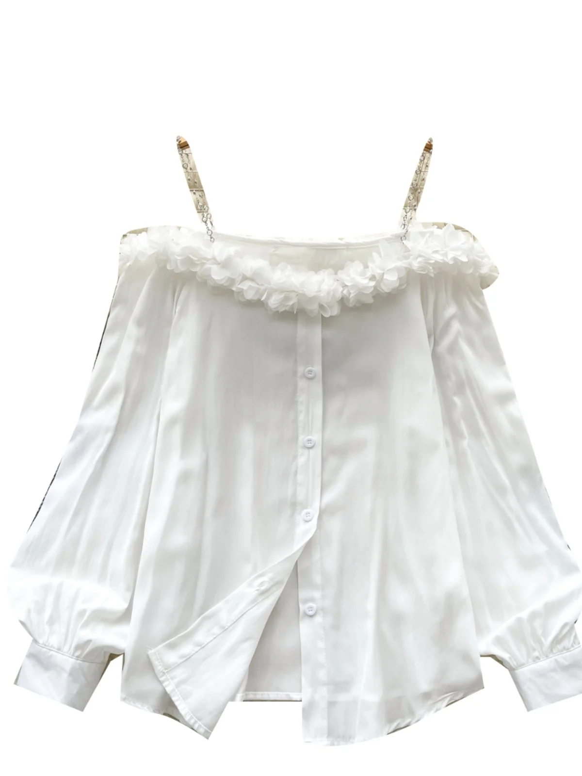 Ele Off-oulder Loose Fit irt with Choker Design And 3D Lace Trim Commute Sle Korean Version Long Sve Spring irt