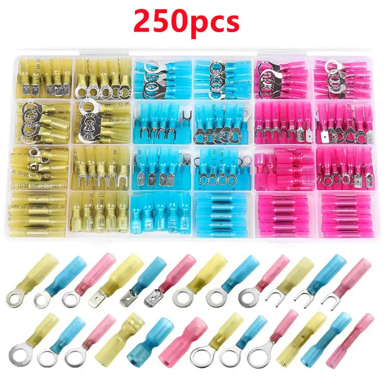 

250pcs Marine Grade Heat Shrink Ring Connectors Heat Shrink Wire Connectors Tinned Red Copper Insulated Ring Crimp Terminals