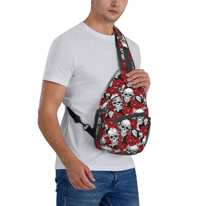 Dood Schedel Rozen Bloempatroon Sling Tas Mannen Mode Gothic Skelet Schouder Borst Crossbody Rugzak Reizen Dagrugzak