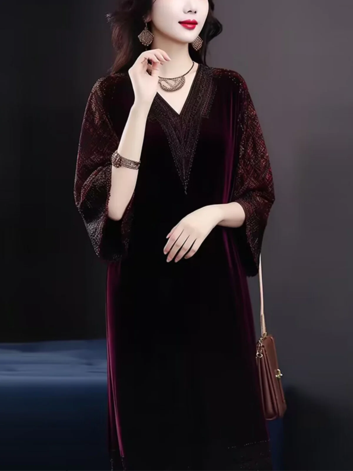 

Элегантное бархатное модное платье большого размера для свадебного банкета, с высокой талией, А-силуэт, короткий рукав, длинное платье