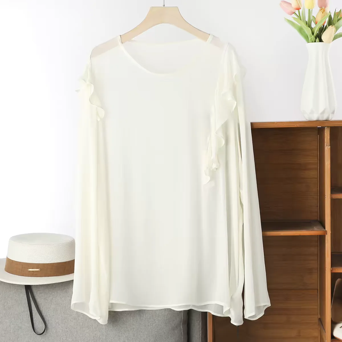 French Elegant Long Sleeve Ruffle Shirt Lightweight Sweet Top for Spring Summer Fashion plus Size Women's Clothing Red rose view 2